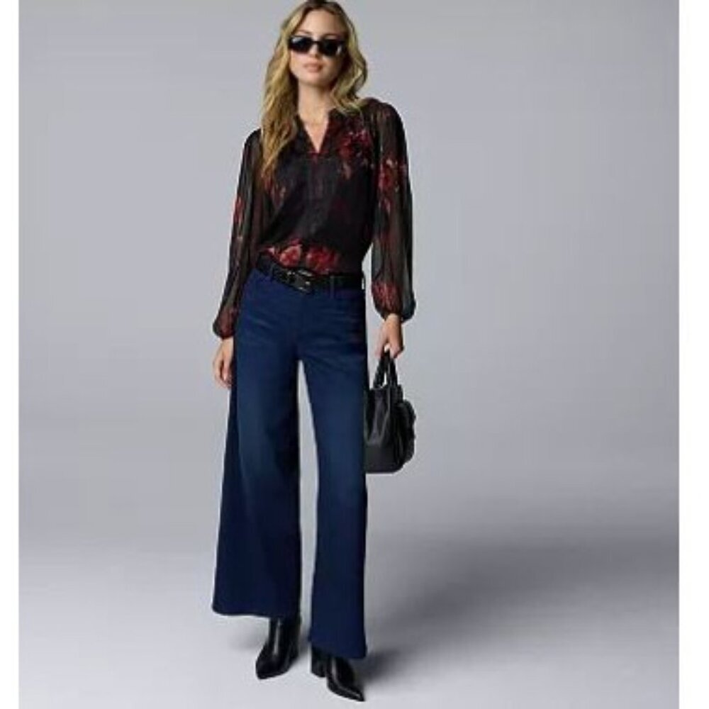 Women's Simply Vera Wang Dark Wash Mid Rise Relaxed Wide Leg Jeans Sz 8 New - Picture 7 of 8